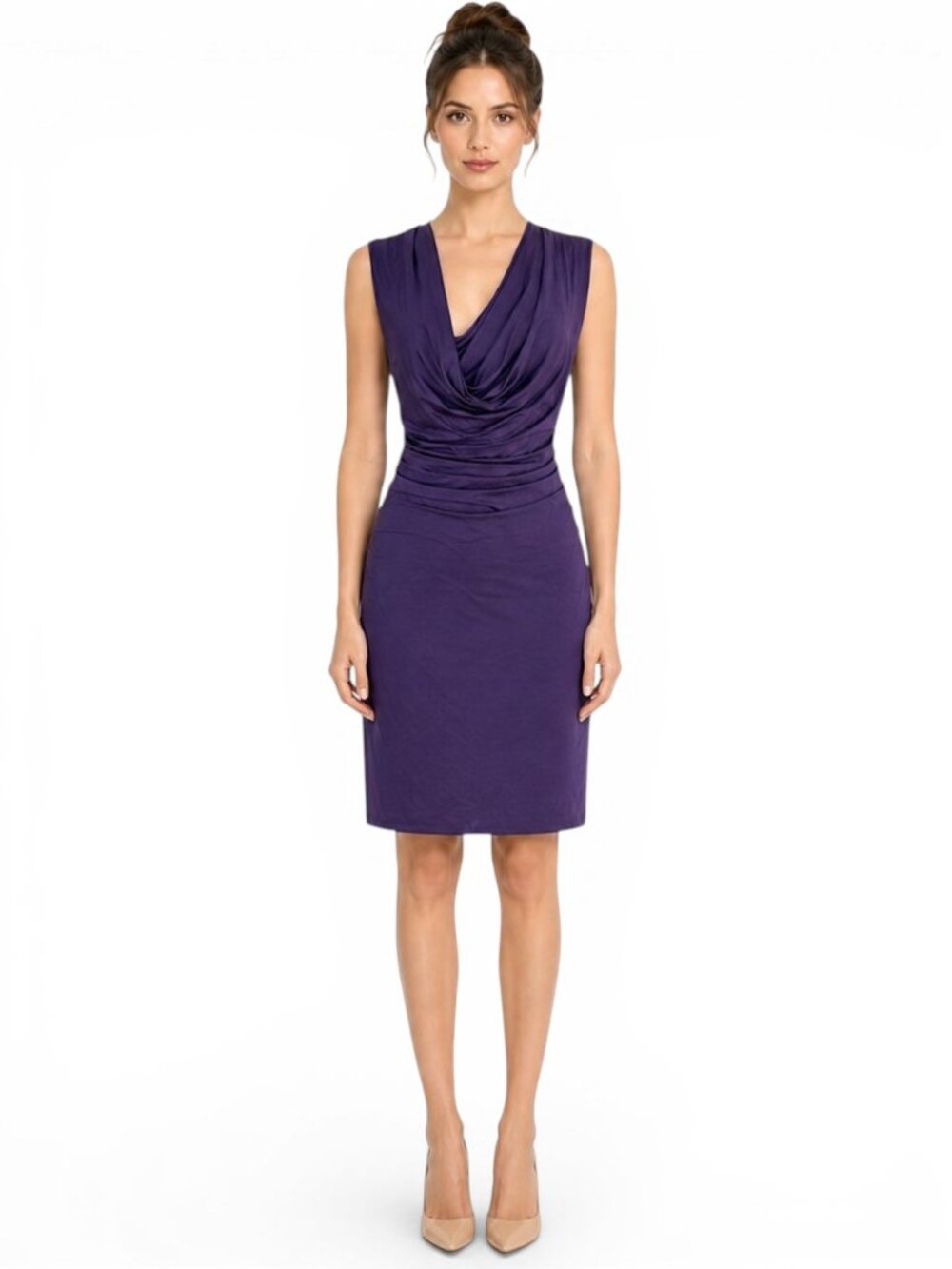 Lavia 18 Piazza Sempione Purple Plum Stretch Jersey Ruched Draped Neck Dress M ?